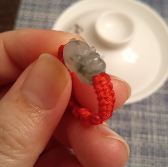 Certified Burmese Jadeite Pixiu Red String Ring - Picture 2 of 12